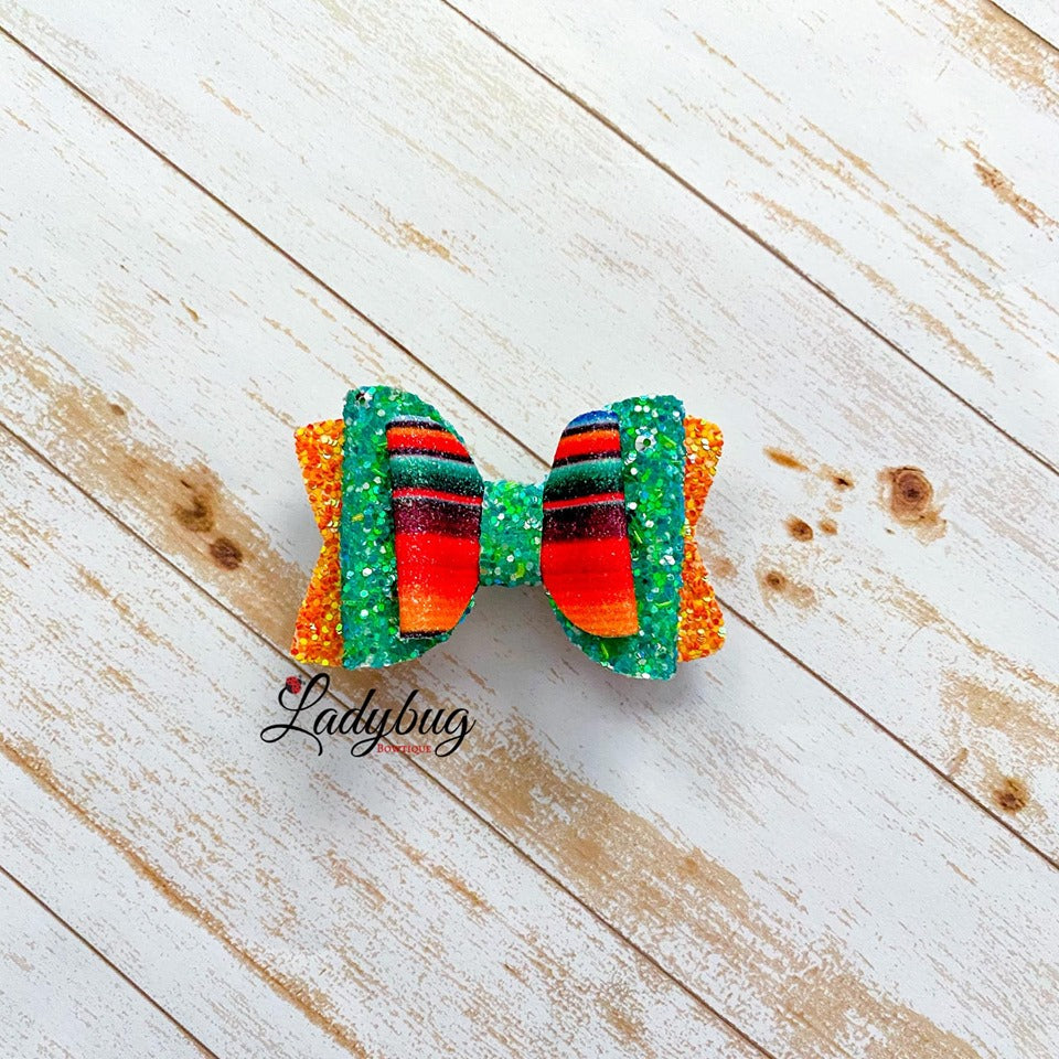 2.5-inch green & orange sparkle striped bow