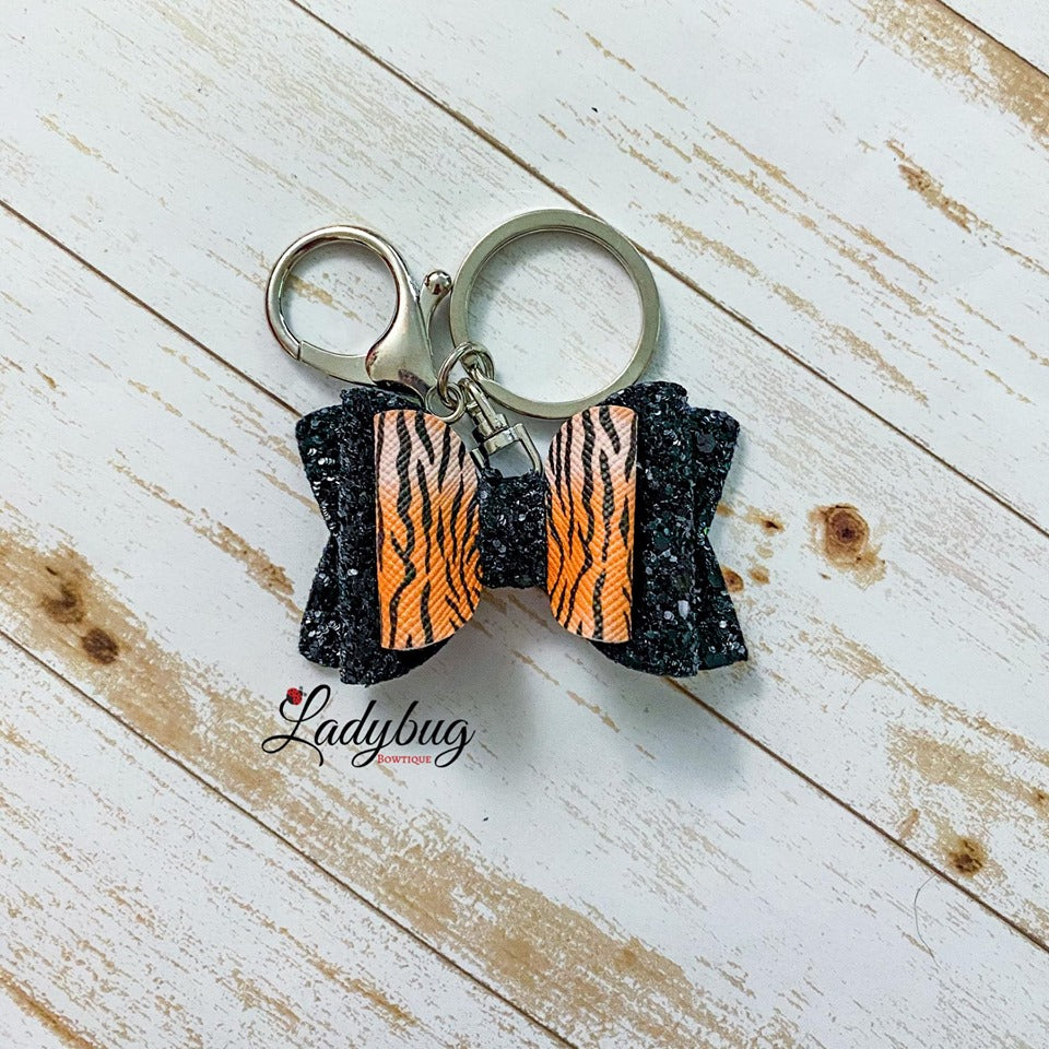 2.5-inch black sparkle tiger keychain/badge bow