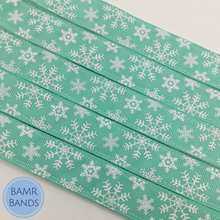 Load image into Gallery viewer, Snowflakes on Teal Headband
